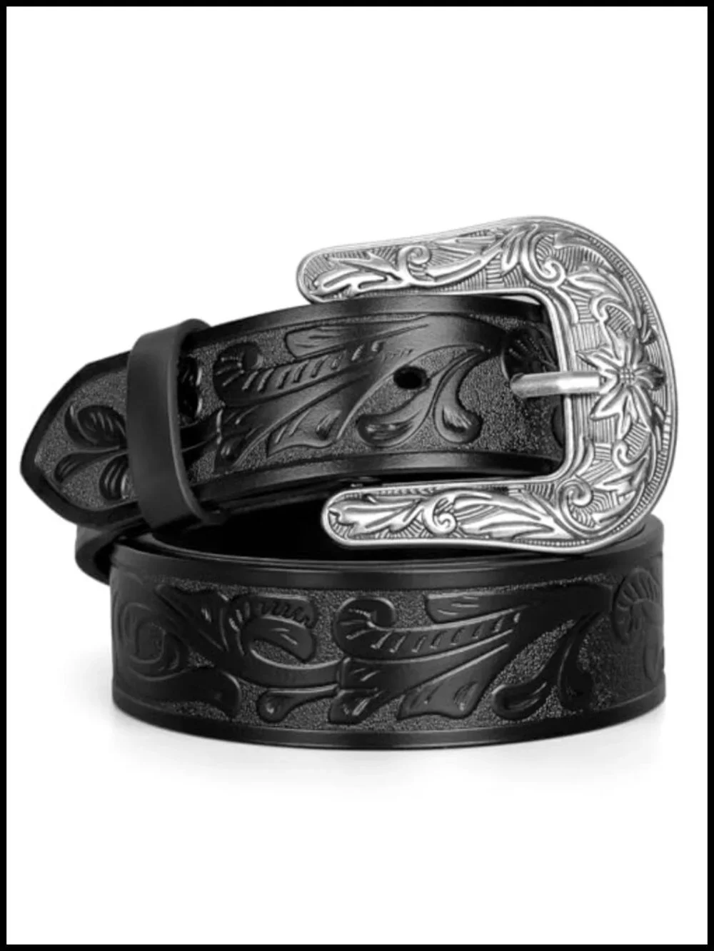 Tooled Leather Western Belt with Metal Buckle for Jeans Rodeo